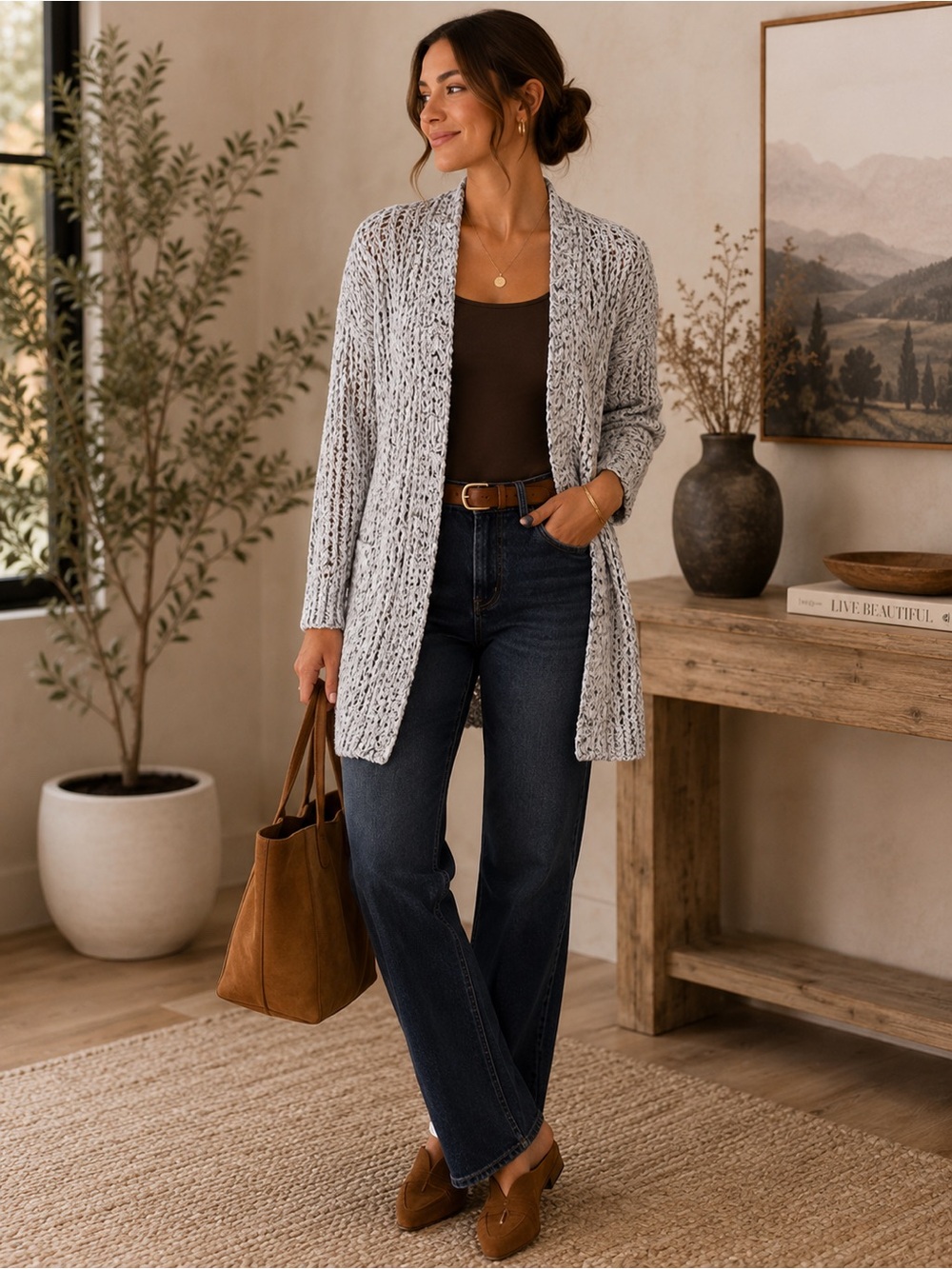 POL Marled Open Knit Duster Cardigan Small Boho Layering Sweater